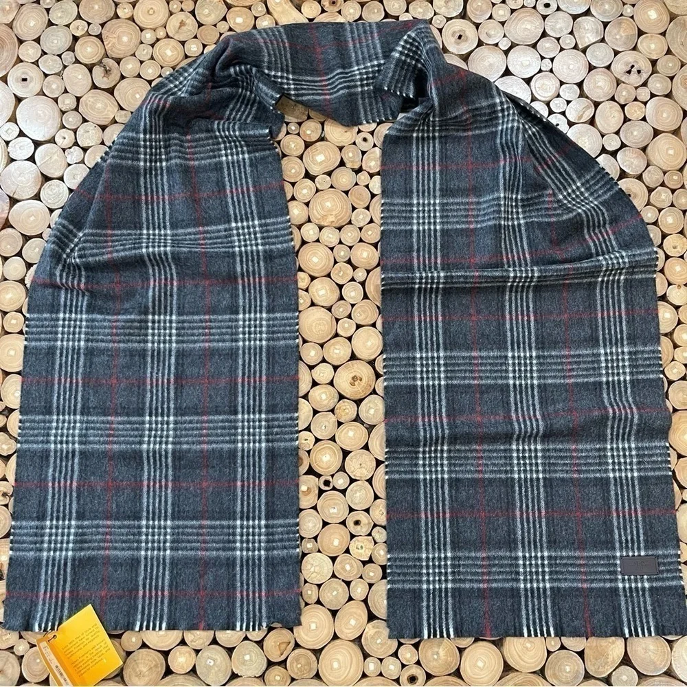 Hickey Freeman Mens 100% Cashmere Scarf Black Gray Red Plaid Check NWT $125